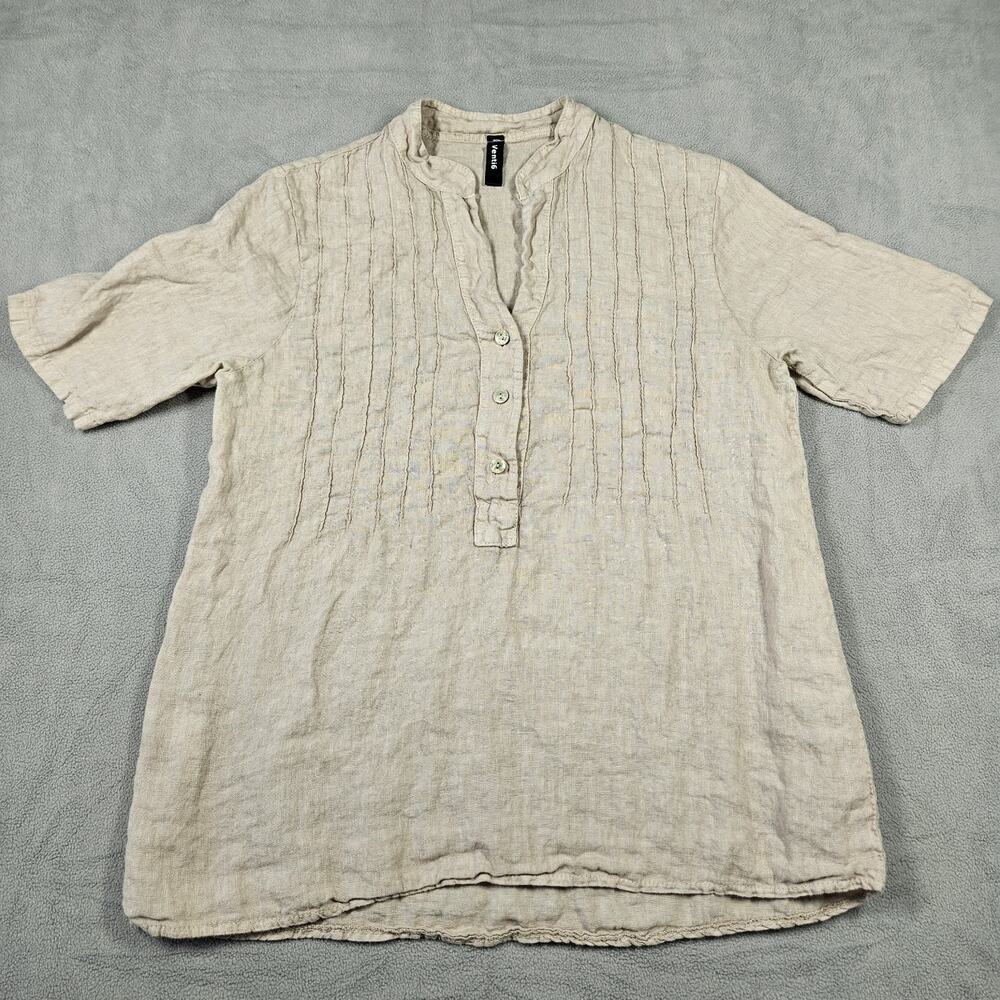 Venti6 Blouse Womens Small Linen Minimalist Beige Shirt Lagenlook Pleated Hippie